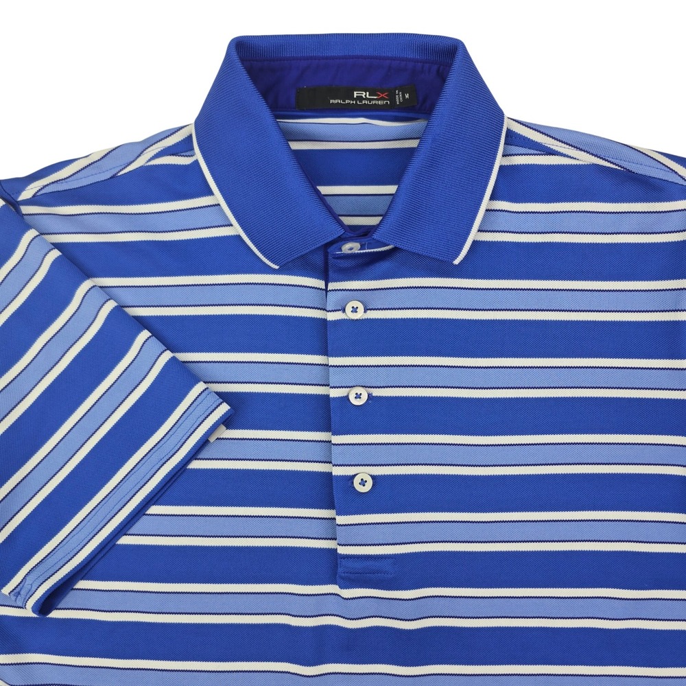 RLX Ralph Lauren Performance Polo Shirt Mens M Blue Striped Golf Short Sleeve